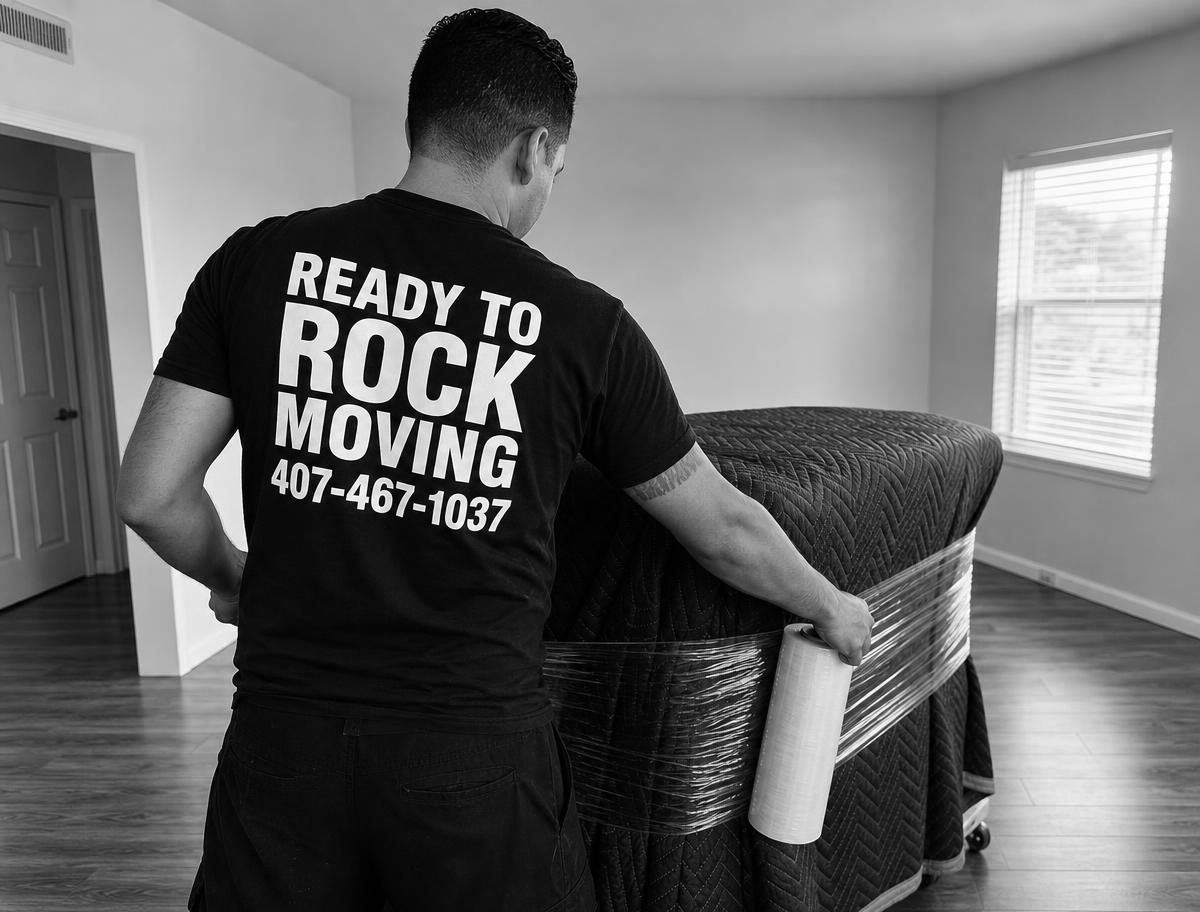 Mover carefully wrapping furniture in moving blankets